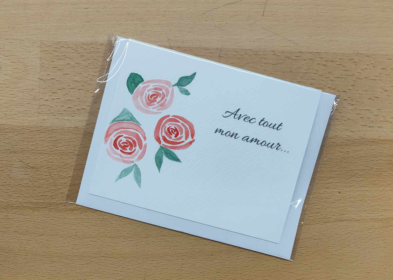 Carte aquarelle "Roses et Amour"