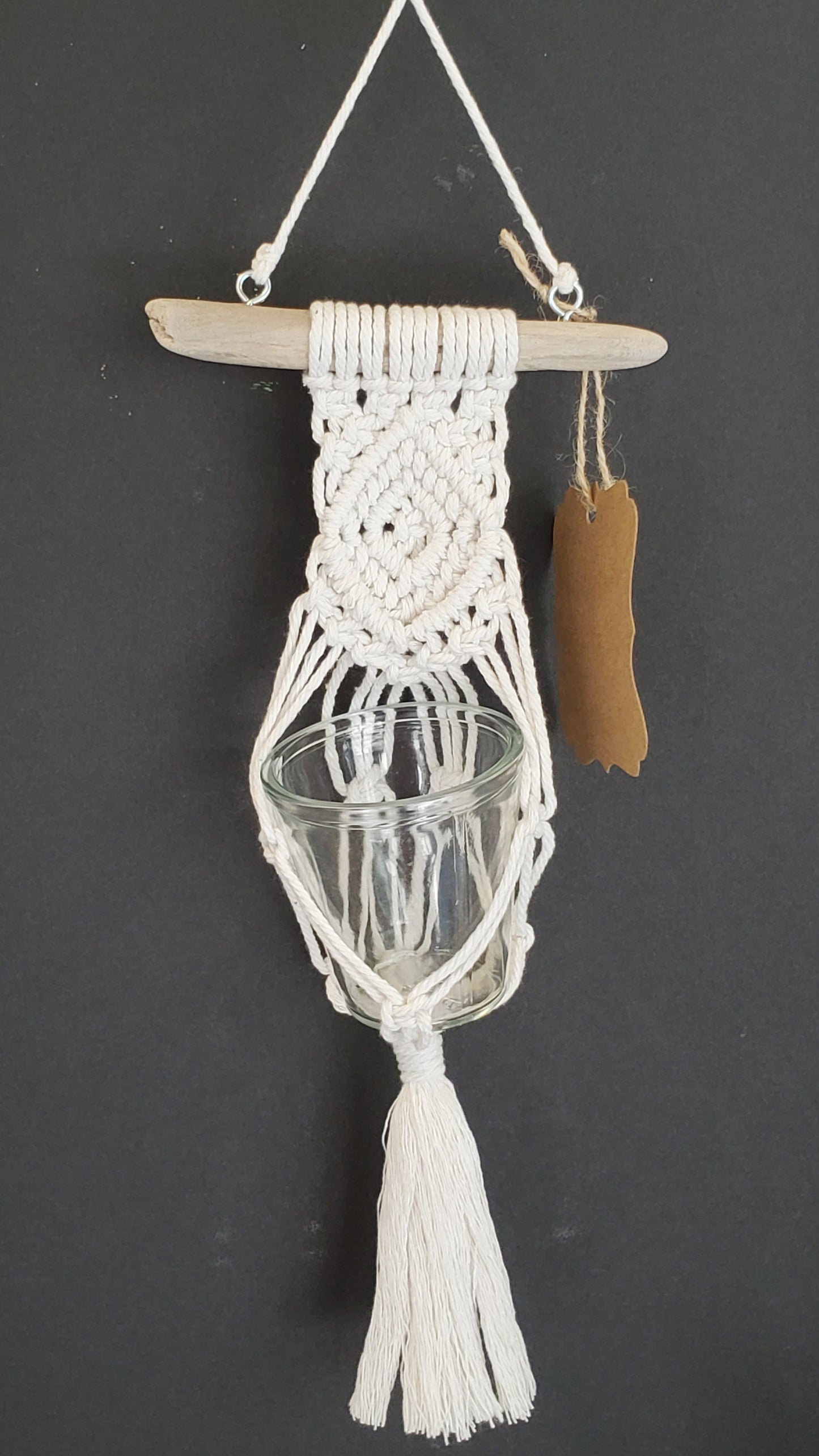 Macramé suspendu décoratif avec contenant en verre