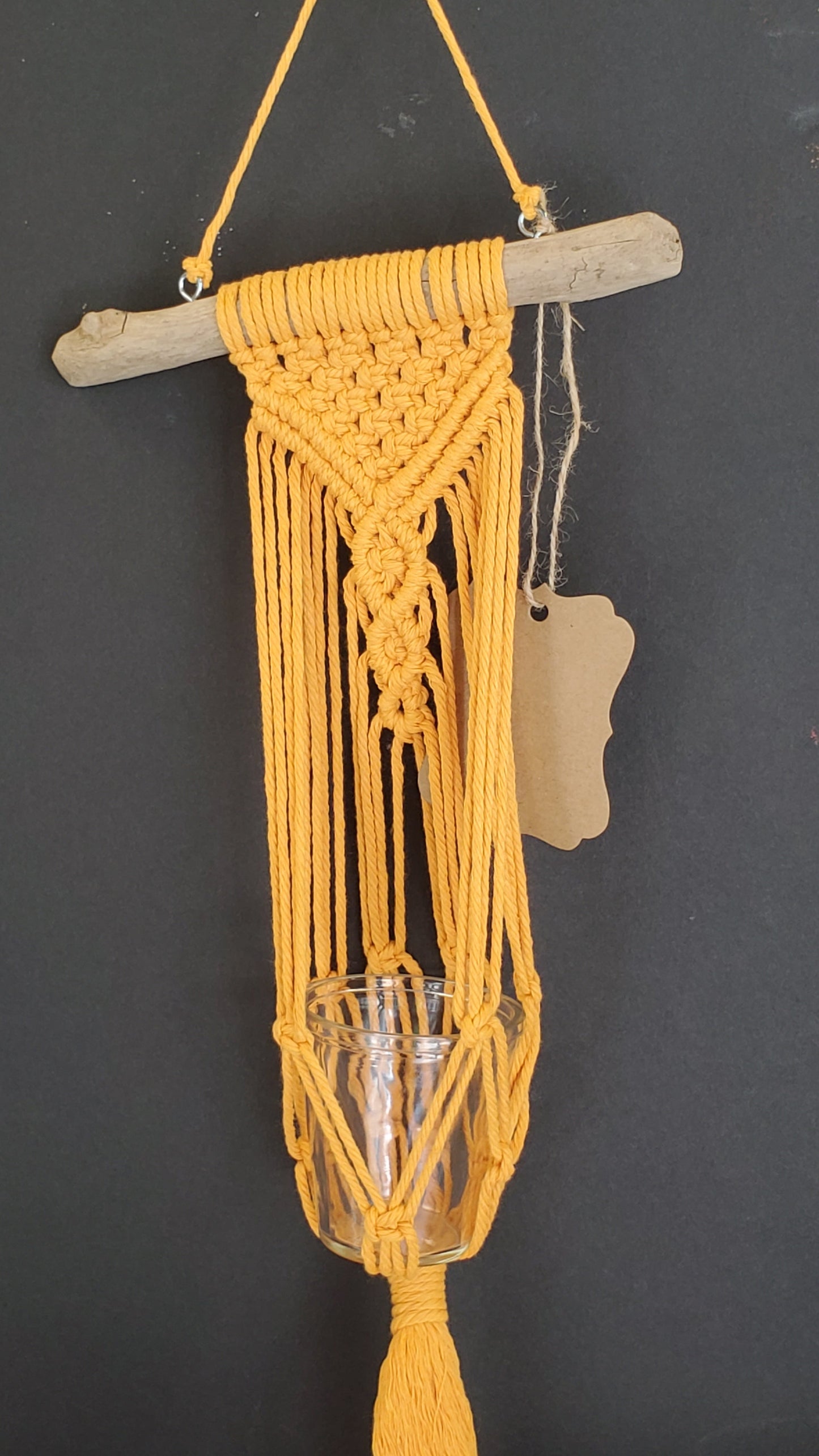 Macramé suspendu décoratif avec contenant en verre