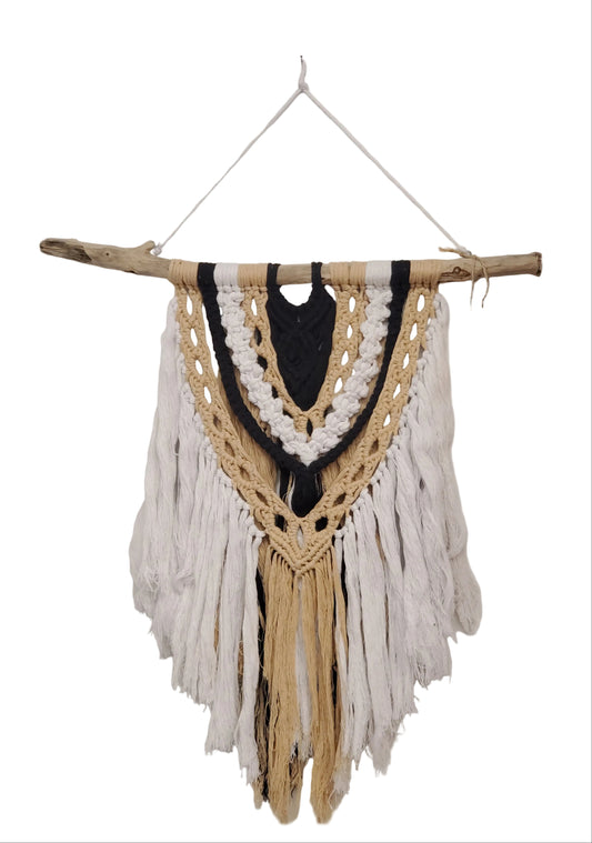 Macramé mural décoratif - Noir/Beige/Blanc